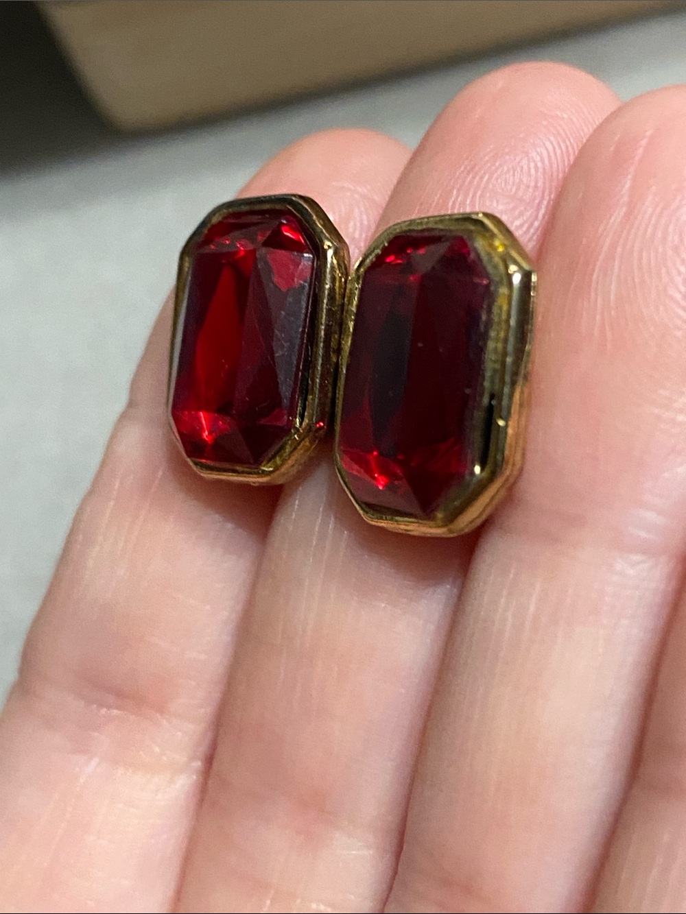 Red Octagon Crystal Stud Earrings - Gold Setting - Picture 6 of 7